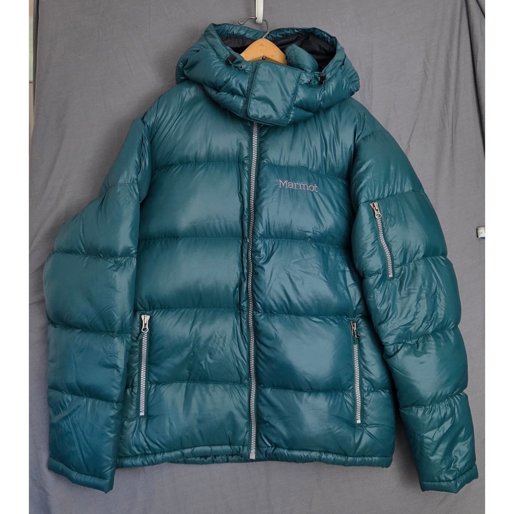 Marmot Guides Down Hoody Mens Large 700 Fill Puffer Jacket Teal Blue Green